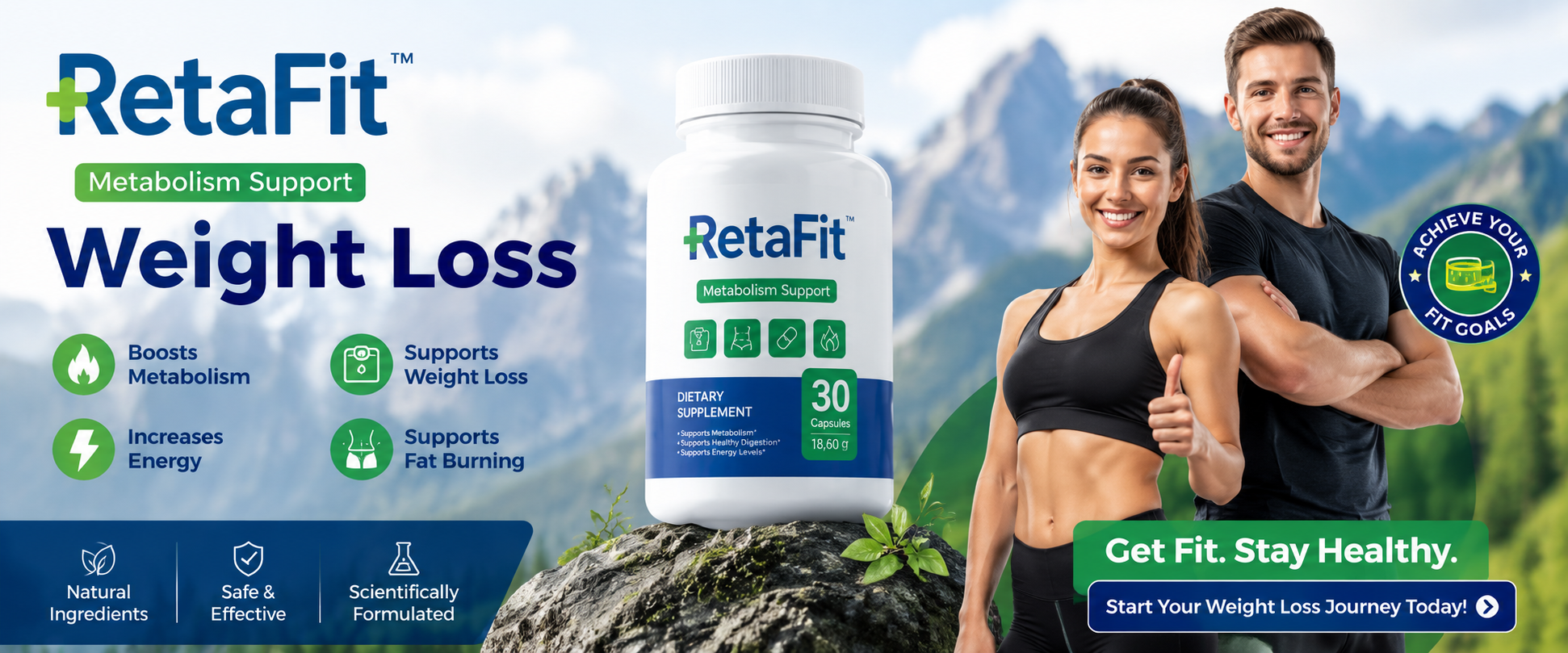 RetaFit Denmark fitness couple banner – boosts metabolism, supports weight loss, increases energy